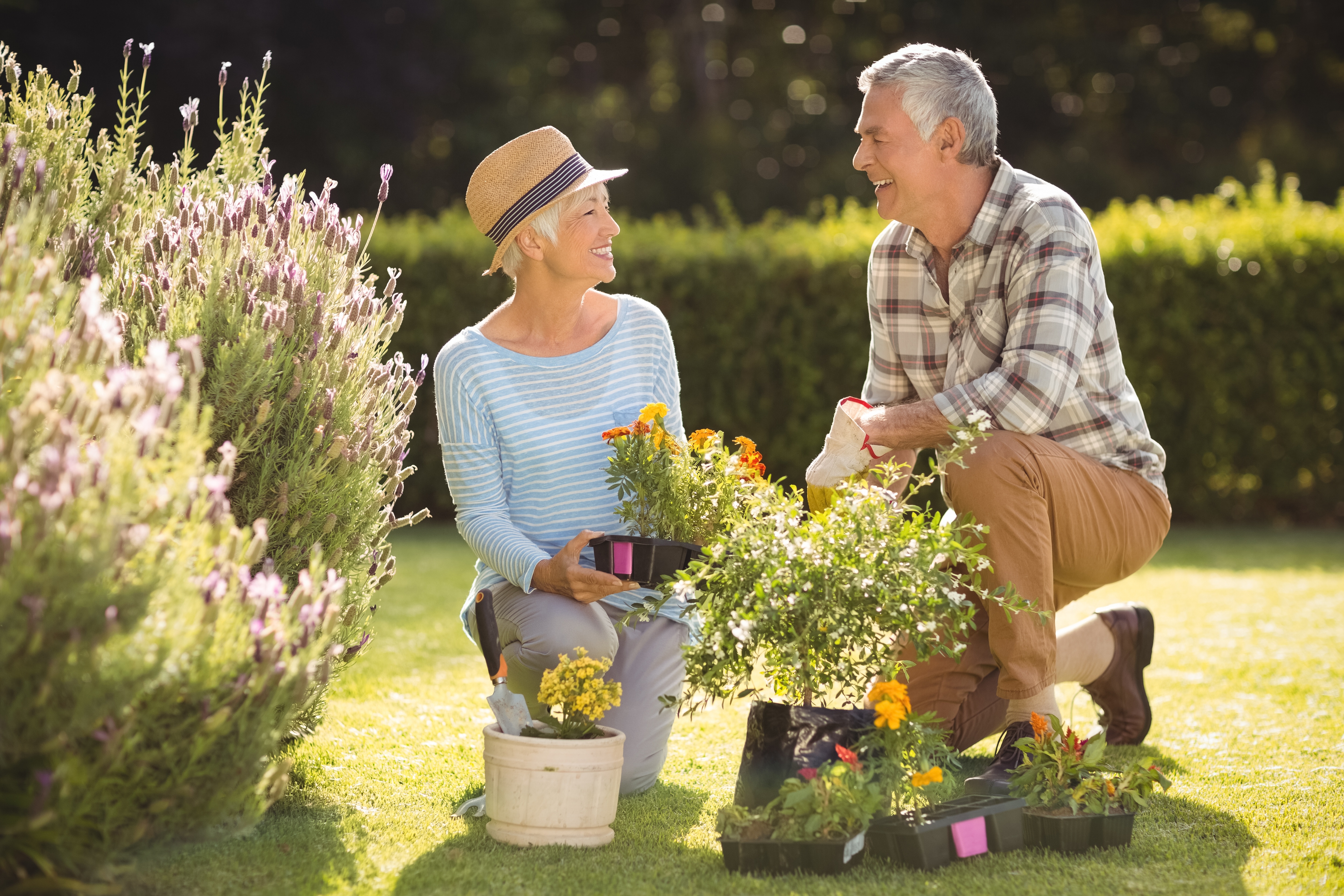 Happy couple in a garden with plants